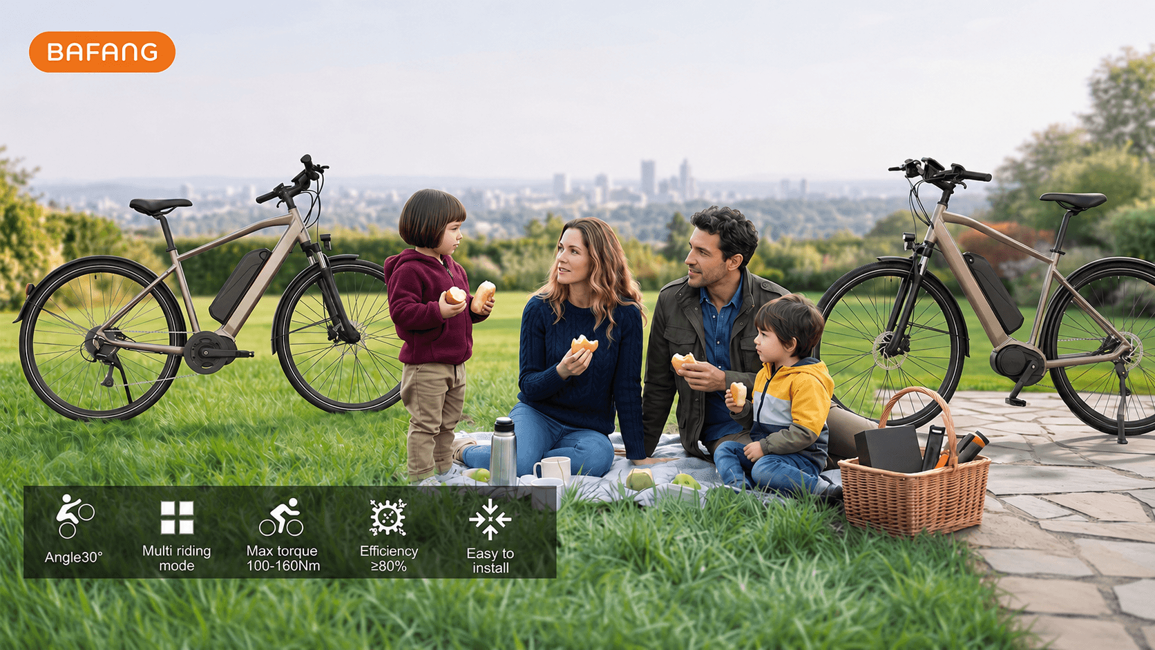BAFANG BAFANG Mid-Drive Motor Conversion Kit Real-Scene Picture, Home Commuting Electric Bicycle, 30° Inclination Installation, Multiple Riding Modes, 100-160 N.m High Torque, Efficiency ≥ 80%, Simple Installation, Suitable for Family Outdoor Picnicking and Cycling Scenarios, Compatible with Mountain Bikes and City Bikes