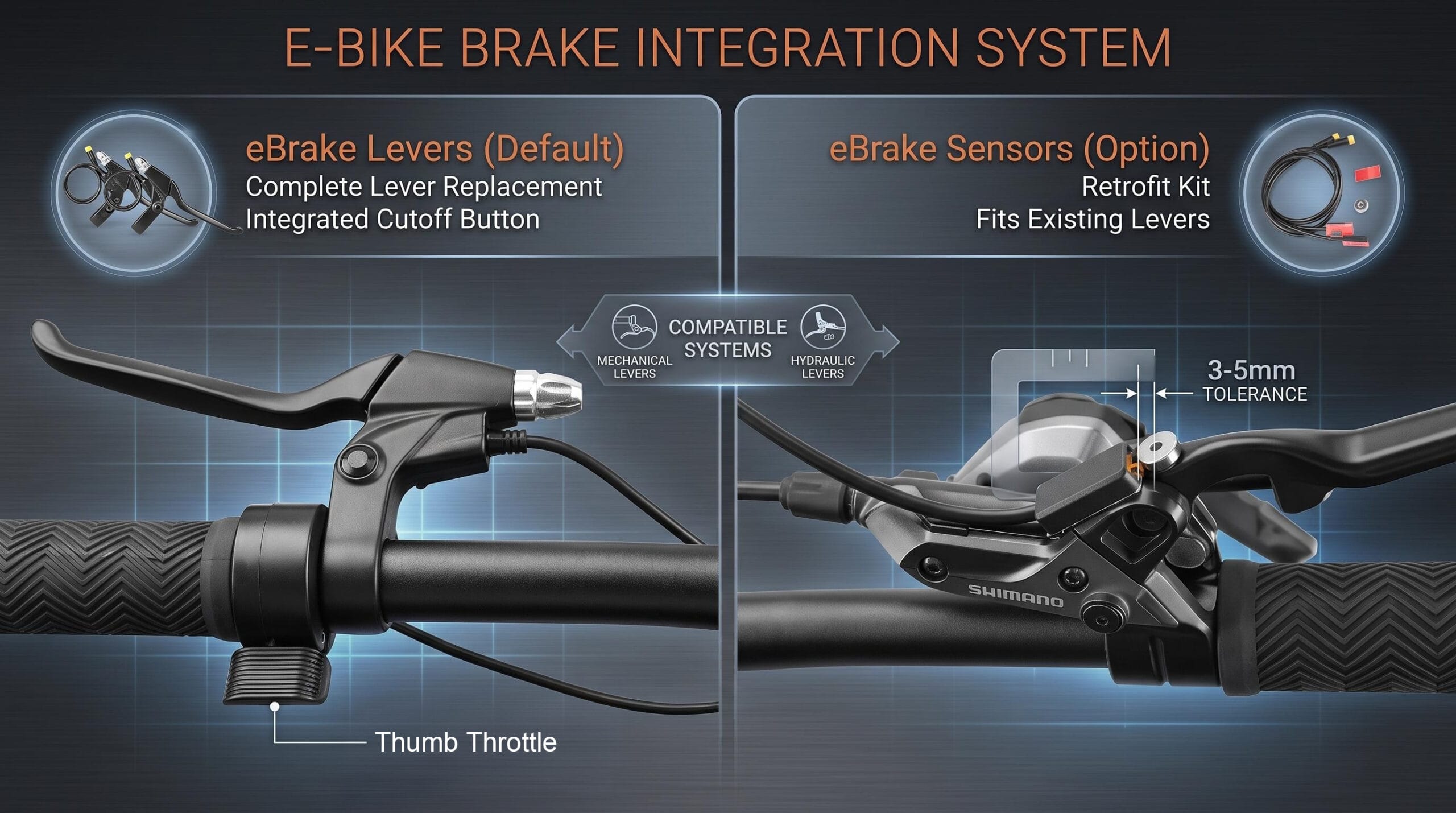 Electric-assisted bicycle brake power-off integration system, standard equipped with power-off brake handle, optional modified power-off sensing wire, compatible with mechanical / hydraulic disc brakes, paired with thumb handlebar, eight-sided central motor accessory kit