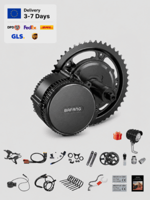 Bafang CAN Bus mid drive motor conversion kit with complete accessories including crank arms, chainring, controller, sensors and installation parts for electric bike upgrades