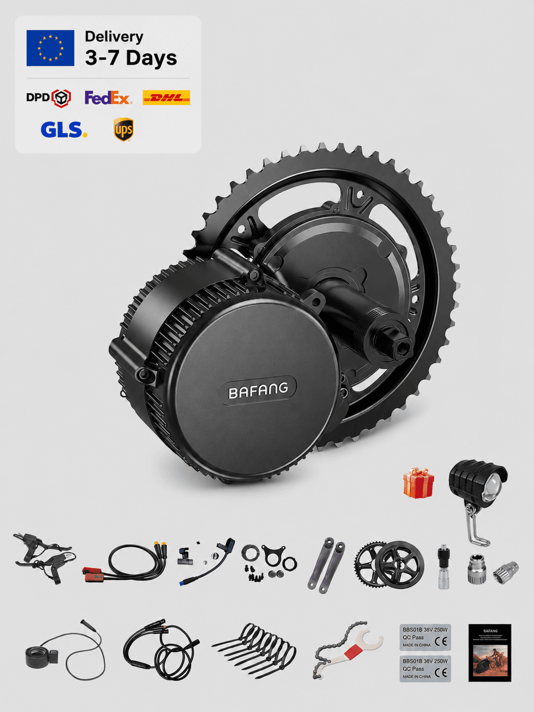 Bafang CAN Bus mid drive motor conversion kit with complete accessories including crank arms, chainring, controller, sensors and installation parts for electric bike upgrades
