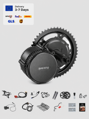 Bafang mid drive motor conversion kit with complete accessories including controller, chainring, crank arms and installation parts for electric bike upgrades