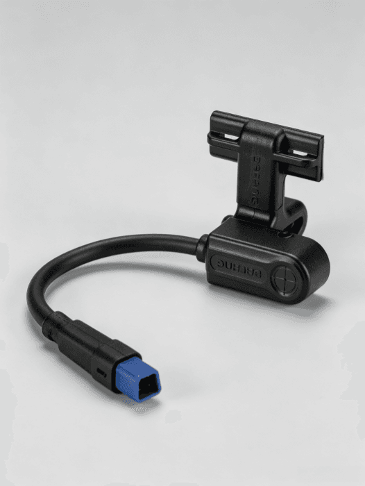 White background product shot, standalone Bafang CAN bus hall speed sensor with G4.3 blue 4-pin plug and fixed mounting bracket for ebike mid drive motor