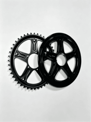 Black Bafang chainring with matching chain guard, 9mm offset, compatible with BBS01 BBS02 mid drive electric bike motor, solid alloy e-bike crankset sprocket
