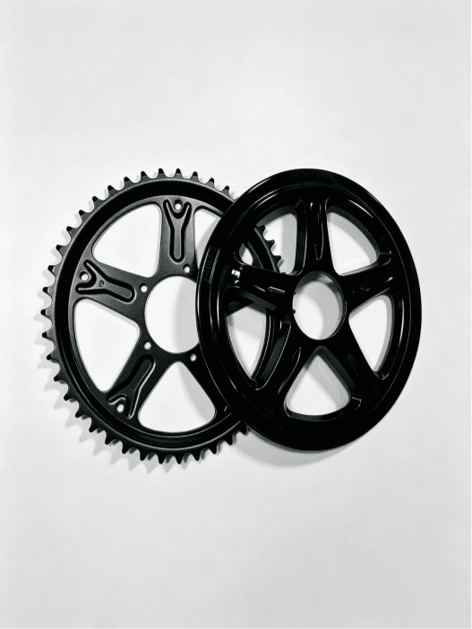 Black Bafang chainring with matching chain guard, 9mm offset, compatible with BBS01 BBS02 mid drive electric bike motor, solid alloy e-bike crankset sprocket