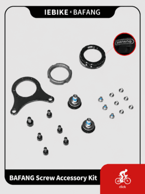 IEBIKE complete BAFANG mid drive motor mounting hardware kit, includes fixed bracket, M33 steel nut, M33 aluminum protective nut, assorted hex socket screws with gaskets, full installation accessory set for BBS01B BBS02B BBSHD ebike conversion motors