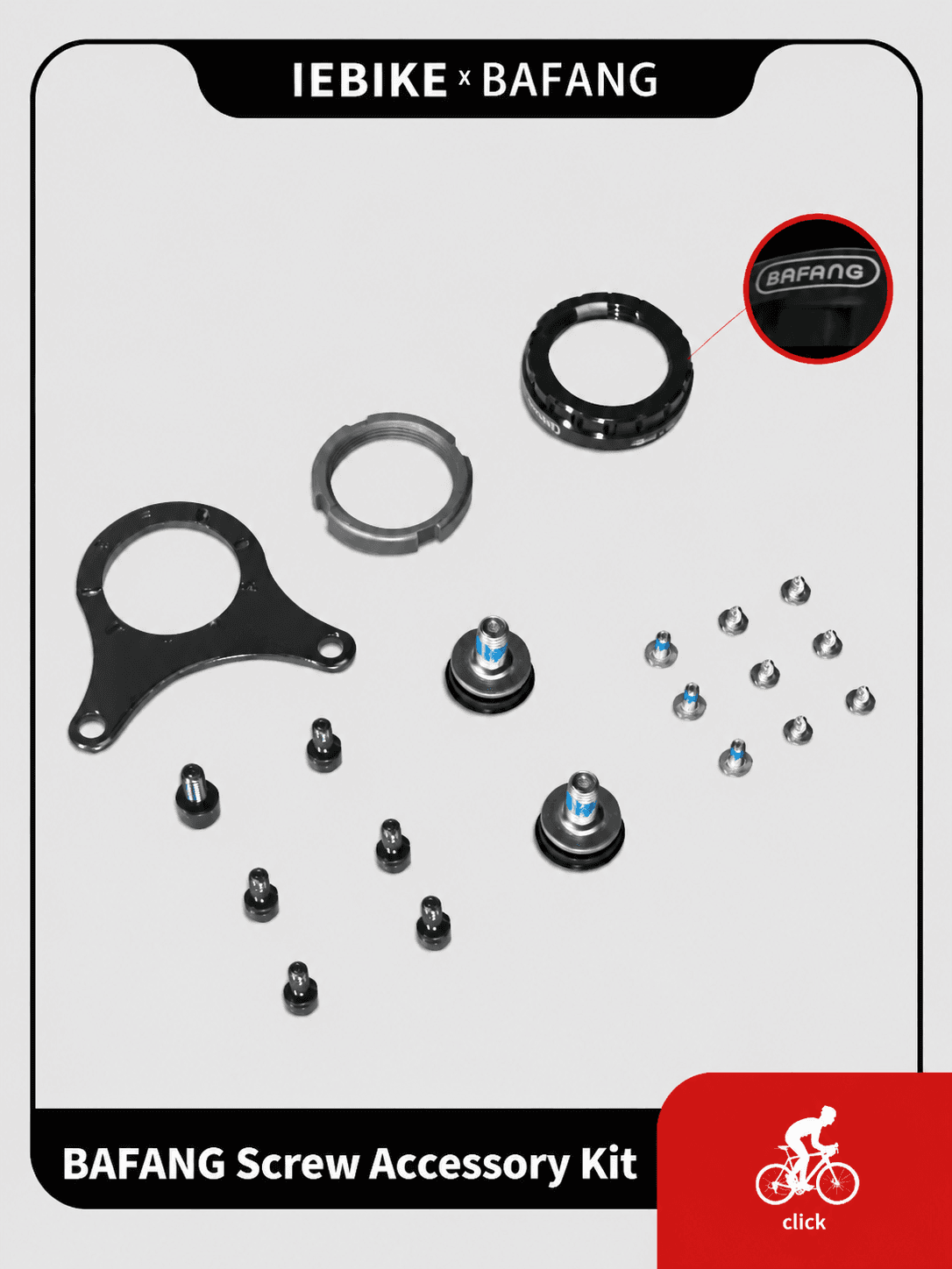 IEBIKE complete BAFANG mid drive motor mounting hardware kit, includes fixed bracket, M33 steel nut, M33 aluminum protective nut, assorted hex socket screws with gaskets, full installation accessory set for BBS01B BBS02B BBSHD ebike conversion motors