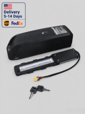Black Hailong down tube ebike lithium battery disassembled with mounting bracket, XT60 power cable, safety lock keys, US fast shipping FedEx UPS label, replacement electric bike battery pack