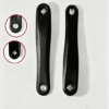 Top-down close-up view of left and right electric bike crank arm square mounting holes, red circle zoom detail, aluminum crank spare part