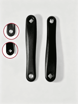 Top-down close-up view of left and right electric bike crank arm square mounting holes, red circle zoom detail, aluminum crank spare part
