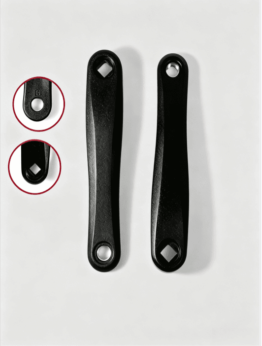 Top-down close-up view of left and right electric bike crank arm square mounting holes, red circle zoom detail, aluminum crank spare part